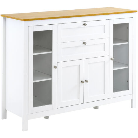 HOMCOM Buffet style classique chic multi-rangement 2 portes 2 étagères réglables 2 tiroirs coulissants placard 2 portes MDF blanc plateau aspect bois clair - Blanc