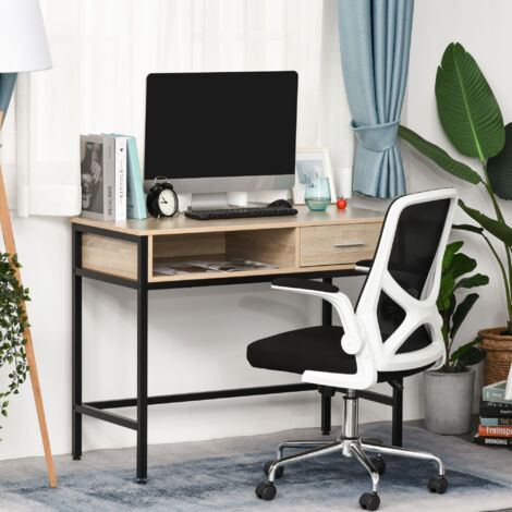 HOMCOM Bureau avec rangement table bureau Industriel bureau ordinateur avec tiroir châssis métal Noir Plateau bois chêne Clair