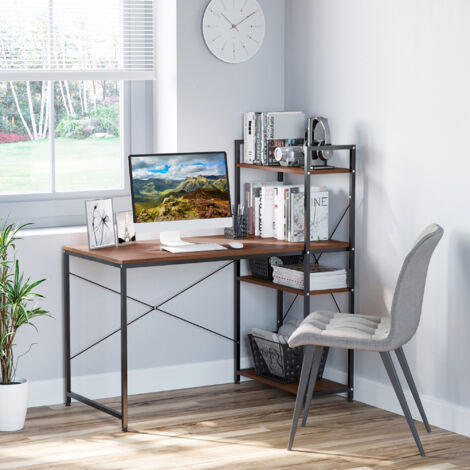 HOMCOM Bureau d'angle avec rangement design Industriel avec bibliothèque 3 étagères panneaux particules aspect noyer métal noir