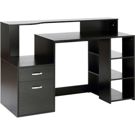 Homcom – Bureau droit noir 137L x 55l x 92H cm – MDF classe E1 – 3 étagères latérales et double tiroir – Tablette imprimante incluse