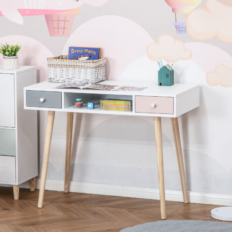 HOMCOM Bureau enfant style scandinave avec tiroir et compartiment de rangement 100L x 48l x 76.5H cm MDF et pin blanc gris et rose