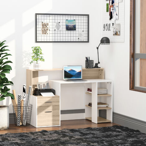 HOMCOM Bureau informatique avec 2 tiroirs. bureau avec rangement. 137 x 55 x 92 cm. étagères ouvertes et tablette d'imprimante. style moderne. table d'ordinateur pour chambre. studio. chêne