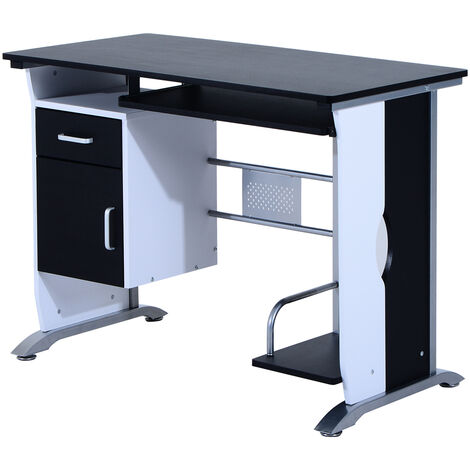 Homcom – Bureau informatique noir et blanc en MDF 100 L x 52 I x 75 H cm – Châssis en acier – Tablette coulissante et rangement intégré