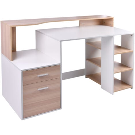 HOMCOM Bureau Informatique multimédia Design Multi-rangements 137 L x 55 l x 92 H cm chêne Blanc