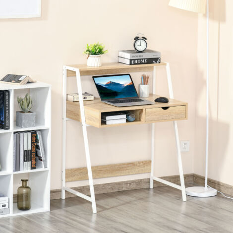 HOMCOM Bureau secrétaire Bureau Informatique Style néo-rétro tiroir Niche étagère métal blanc. aspect chêne clair