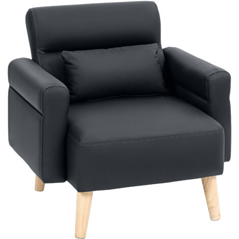 HOMCOM butaca de salón tapizado en cuero sintético con reposabrazos acolchado grueso respaldo con costuras y patas de madera negro