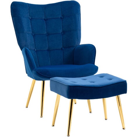 HOMCOM Button Tufted Armchair with Footstool and Gold Tone Steel Legs Blue
