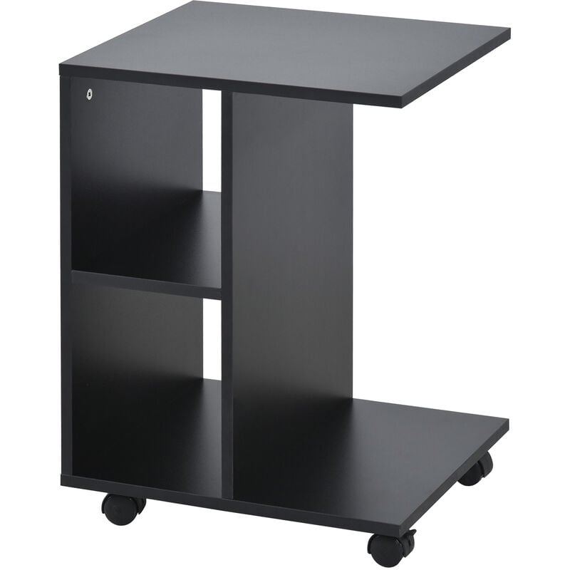 HOMCOM C-Shape End Table Storage Unit w/ 2 Shelves 4 Wheels Home Black