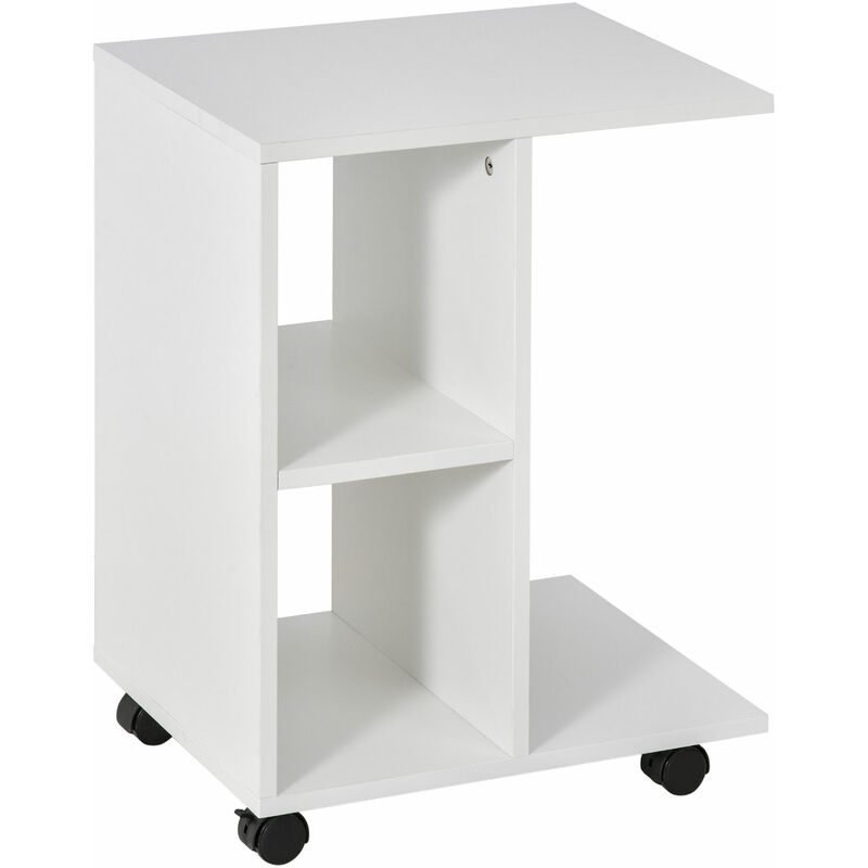 HOMCOM C-Shape End Table Storage Unit w/ 2 Shelves 4 Wheels Home White