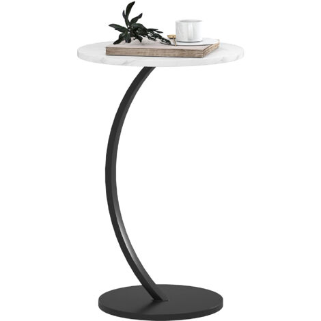 HOMCOM C Shaped Side Table, Round Bedside Table w/ Marble Effect Top, White