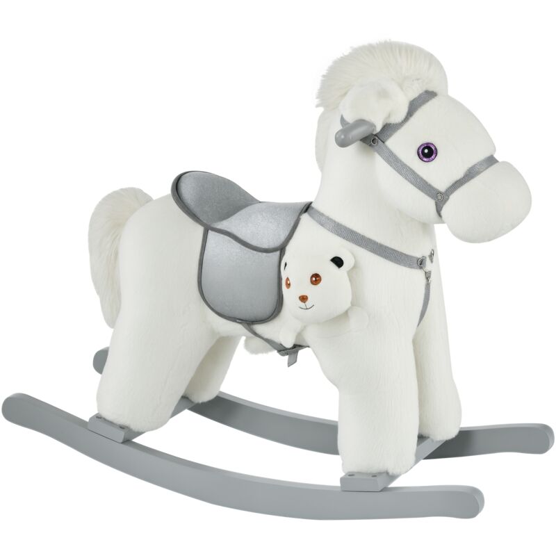 

Caballito Balancín para Niños de +3 Años Caballo Mecedora de Felpa con Peluche de Osito Sonidos de Relincho y Galope Base de Madera 65x26x55 cm