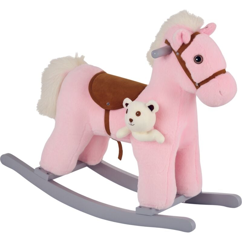 

Homcom - Caballito Balancín para Niños de +3 Años Caballo Mecedora de Felpa con Peluche de Osito Sonidos de Relincho y Galope Base de Madera 65x26x55