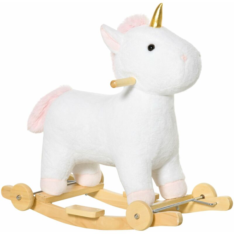 

Homcom - Caballito Balancín para Niños de +3 Años Caballo Balancín Unicornio de Peluche 2 en 1 con Ruedas y Sonidos Carga Máx. 45 kg 63x38x63 cm