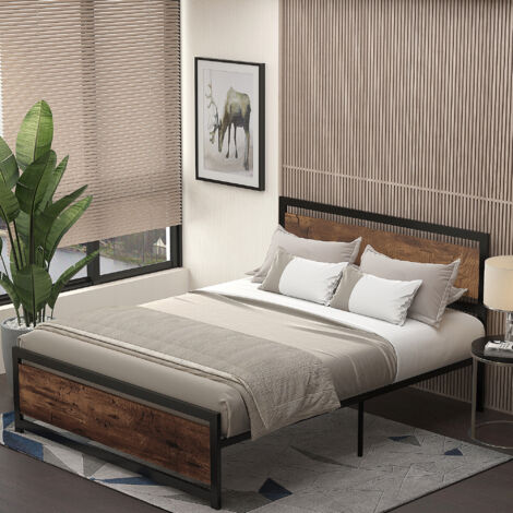 HOMCOM Cadre de lit double en acier avec sommier et tête de lit compatible matelas 200 x 160 cm aspect bois foncé