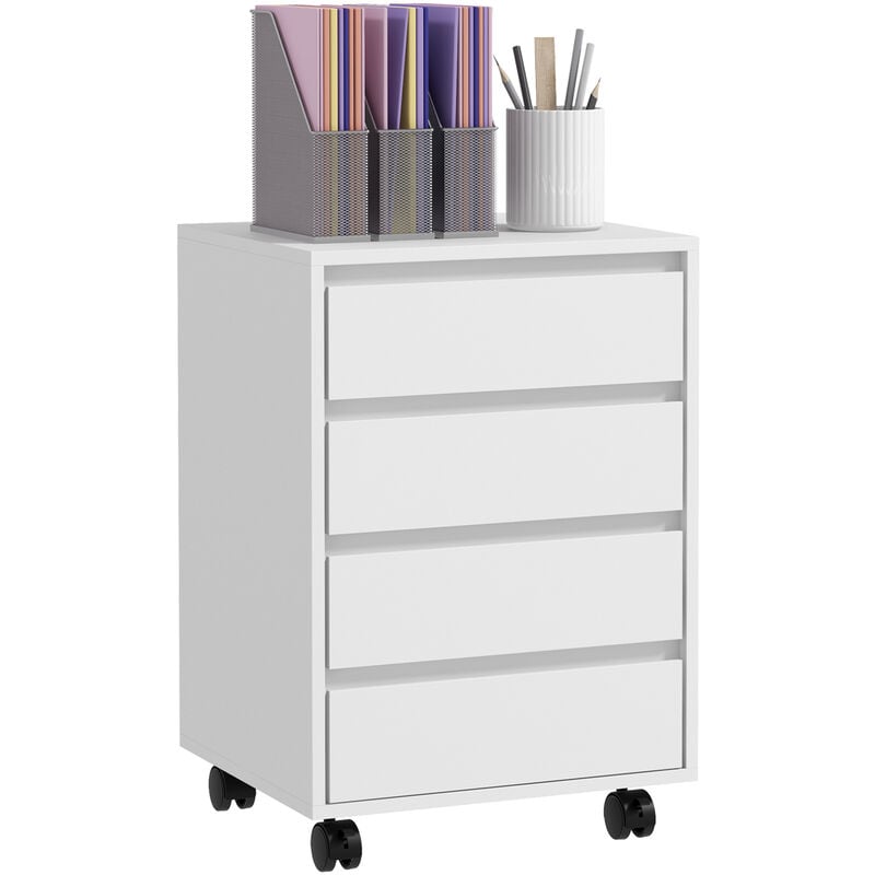 Caisson de bureau rangement bureau sur roulettes 4 tiroirs coulissants mdf aspect bois blanc