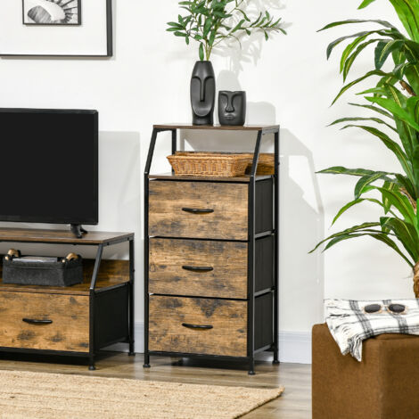 HOMCOM Cajonera con 3 Cajones de Tela Plegable y Estante Abierto Sifonier para Salón Oficina 44x29x92 cm Marrón Rústico
