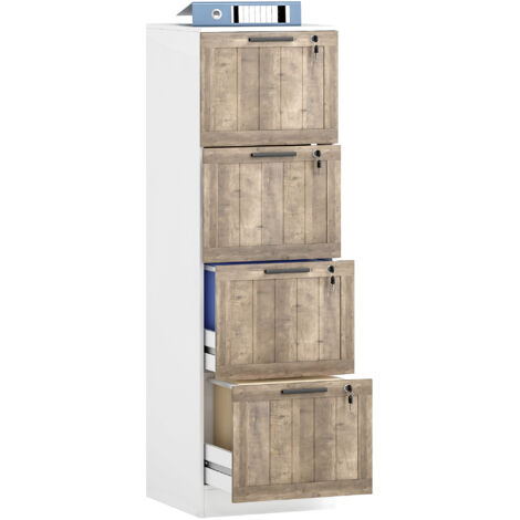 HOMCOM cajonera de oficina con 4 cajones cajonera de escritorio con cerradura 2 llaves barras colgantes para A4 carta 39,4x40x129 cm blanco y madera