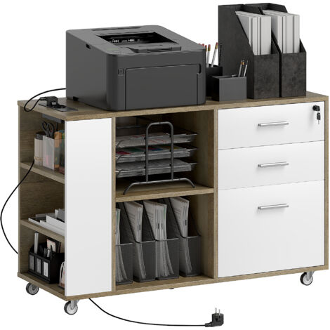 HOMCOM cajonera de oficina con ruedas 3 cajones cajonera para escritorio con estación de carga cerradura y estantes 100x40x65,5 cm marrón grisáceo
