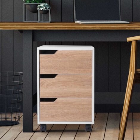 HOMCOM Cajonera de Oficina con Ruedas Mueble Archivador con 3 Cajones Cajonera para Escritorio Estudio 40x50x57,5 cm Roble y Blanco