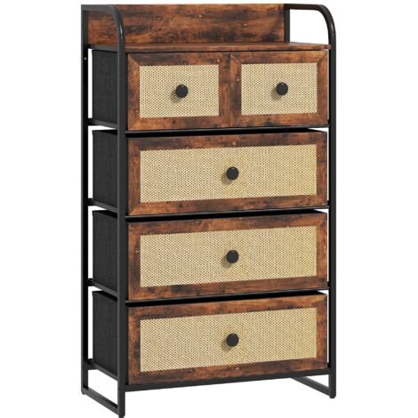 HOMCOM cajonera de tela cómoda para dormitorio con 5 cajones con frentes de ratán y marco de acero 58x29x99 cm marrón rústico