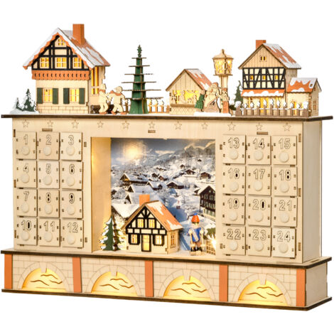 HOMCOM Calendario dell'Avvento 24 Cassetti in Legno Villaggio di Natale e Luci