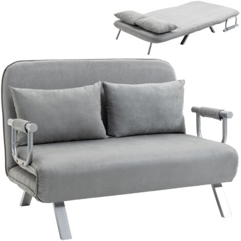 Homcom – Canapé convertible 2 places déhoussable en suède gris clair – Grand confort avec accoudoirs métal – 2 coussins fournis – Dimensions 111x80x78cm