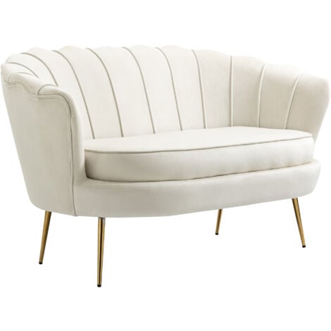 HOMCOM Canapé 2 places coquillage canapé design dim. 130L x 77l x 77H cm pieds dorés effilés velours crème