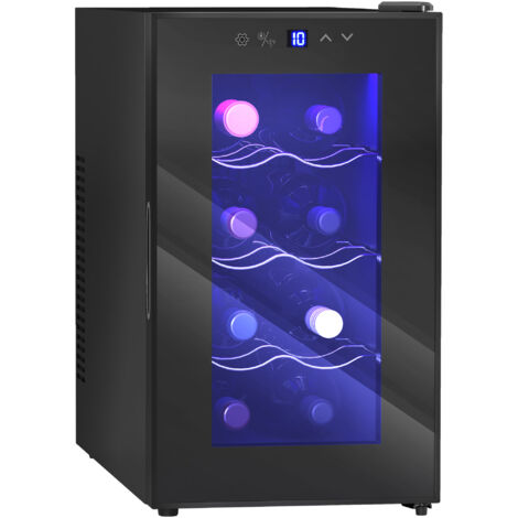 HOMCOM Cantinetta Vino Refrigerata 8 Bottiglie 21L Cantina Vino Monotemperatura 8-18℃ Cantina Vino Bar con Vetro Anti UV, Termoelettrico, Ripiani Regolabile, Display Touch, Luci LED, Classe E, Nero