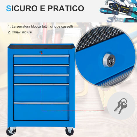 HomCom Carrello Cassettiera Porta Utensili per officina, azzurro, 61.5x33x85cm