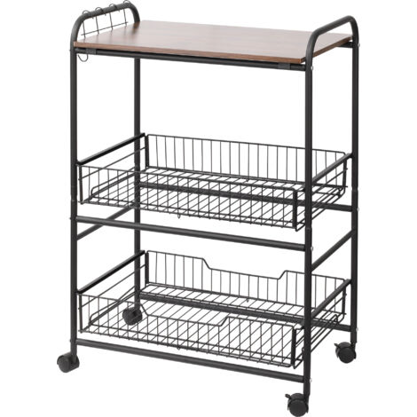 HOMCOM Carrello da Cucina Portavivande Stile Industriale con 4 Ruote, 2 Cestini e 4 Ganci, 60x38x85.5cm, Marrone Nero
