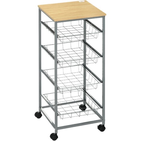 HOMCOM Carrello per Cucina con 4 Cesti in Legno e Acciaio 36.5x36.5x89 cm