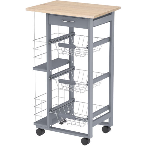 HOMCOM Carrello Portaoggetti con Cassetti e Portabottiglie Rovere e Grigio