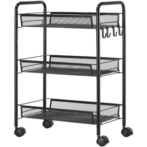 HOMCOM Carrello Portavivande a 3 Livelli e 4 Ruote in Acciaio e Plastica PP Nero