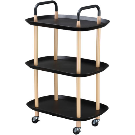 HOMCOM Carrello Portavivande da Cucina in Metallo e Plastica, Carrello Multiuso con 3 Ripiani e 4 Ruote, Nero e Marrone, 57.5x36.5x85cm
