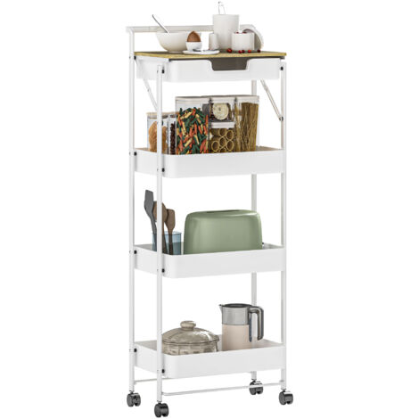 HOMCOM carrito auxiliar con ruedas de 4 niveles carrito de cocina con 1 cajón y 3 cestas carrito organizador para dormitorio salón oficina blanco