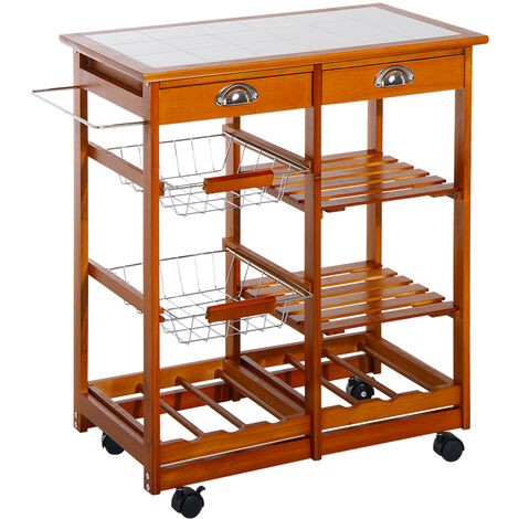 main image of "HOMCOM Carrito Cocina Servicio Auxiliar Madera Metal Cromado Ruedas Cajon Botellero - Color Madera"