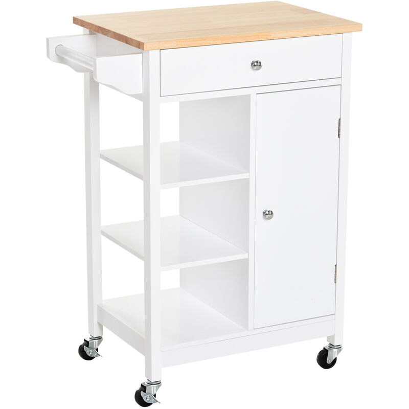 

Carrito de Cocina con 1 Cajón 1 Armario 3 Estantes Abiertos 66x39,5x86,5 cm Blanco - Blanco