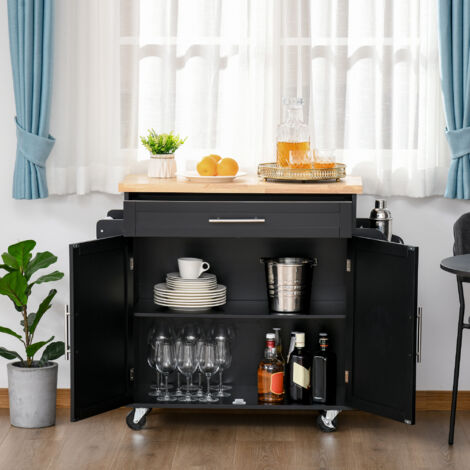HOMCOM Carrito de Cocina con Armario con Puertas y Estante Interior Ajustable Cajón Barra y Especiero Móvil Aparador Auxiliar con Ruedas para Comedor 109x40x89 cm Negro