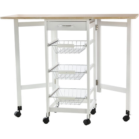 HOMCOM carrito de cocina plegable carrito auxiliar con 6 ruedas 1 cajón y 3 cesta de metal carro de servicio multifuncional carga 50 kg 97,2x37x77,5cm