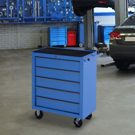 HOMCOM Carro Caja de Herramientas Taller Movil con 5 Cajones 4 Ruedas Chapa de Acero Azul