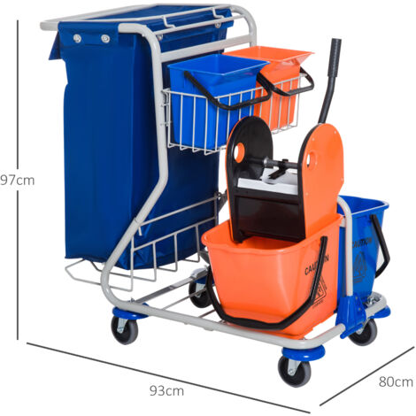 HOMCOM Carro de Limpieza con Bolsa de Basura Carro de Servicio con Doble Cubo de 18 Litros Escurridor de Prensa 2 Cubetas Auxiliares 93x80x97 cm Naranja y Azul