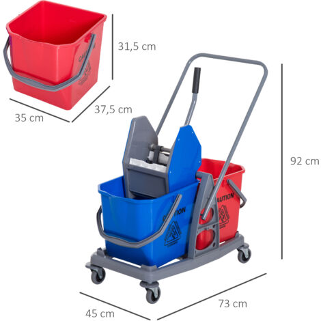 HOMCOM Carro de Limpieza Profesional Carro de Fregado de Metal con 2 Cubos de 25 Litros Extraíbles Escurridor Prensa Manual y 4 Ruedas 73x45x92 cm Rojo y Azul