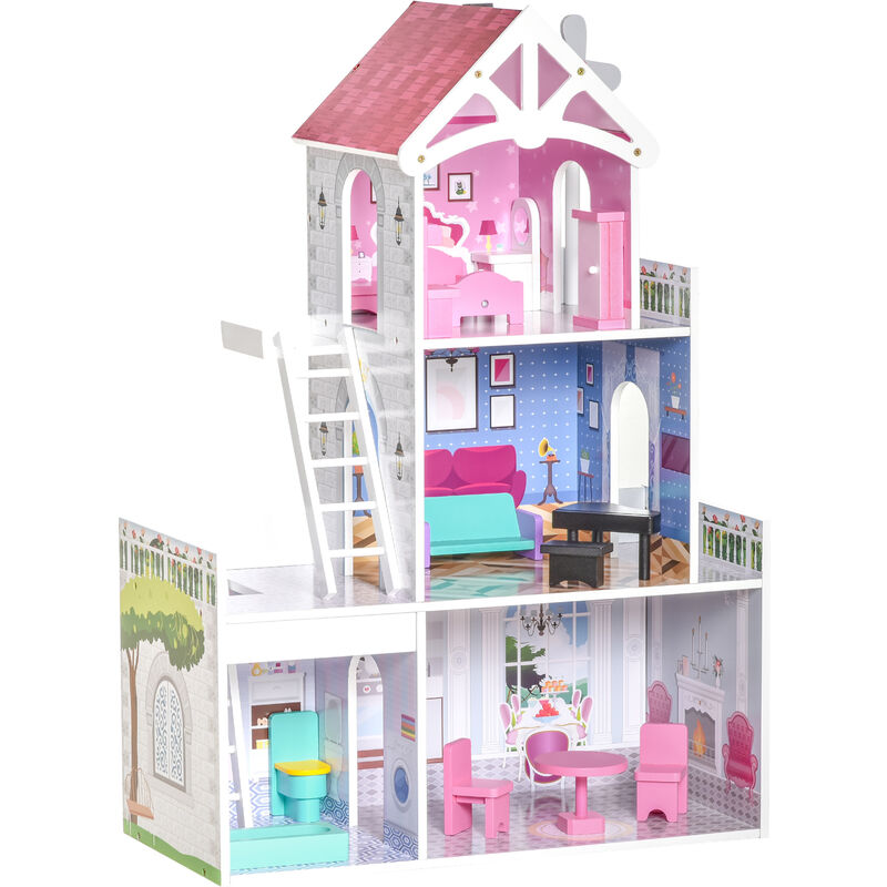 

Homcom - Casa de Muñecas de Madera de 3 Niveles de Juego con Muebles 13 Accesorios Incluidos Casita Muñecas de Juguete 60x29x85 cm - Rosa