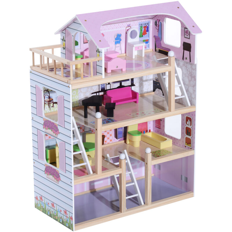 

Homcom - Casa de Muñecas con Muebles Mobiliario Casita Muñeca Juguetes Madera Color Rosa - Rosa