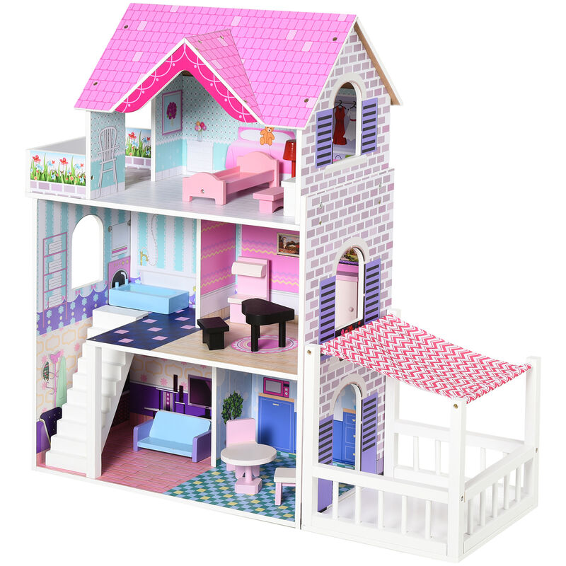 

Homcom - Casa de Muñecas de 3 Pisos con Patio Muebles Accesorios Madera 86x30x87 cm Rosa - Rosa