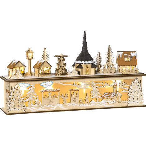 HOMCOM casa de pueblo navideño con 10 luces pueblo navideño iluminado decoración navideña para escritorio mesa chimeneas 45x10x25 cm Natural