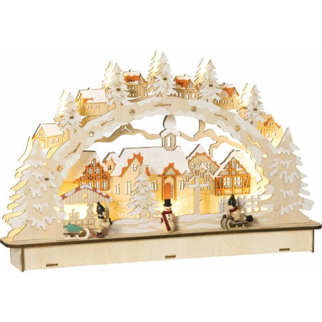 HOMCOM casa de pueblo navideño con 12 luces pueblo navideño iluminado decoración navideña para escritorio mesa chimeneas 45x7x28 cm Natural