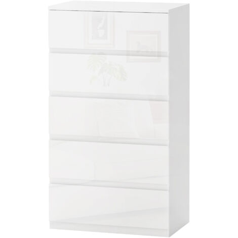 HOMCOM Cassettiera Moderna 5 Cassetti in Truciolato 55x33x100 cm Bianco Lucido