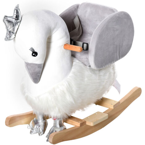 HOMCOM Cavallo a Dondolo per Bambini a Forma di Cigno, Dondolo Giocattolo Cavalcabile per Bambini 18-36 Mesi (Max 40kg), in Legno di Pioppo e Peluche, Bianco e Grigio