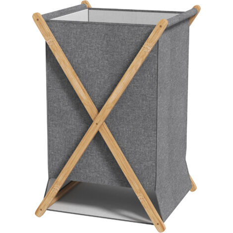 HOMCOM Cesta Porta Biancheria 55L Pieghevole in Tessuto e Bambù, Legno e Grigio